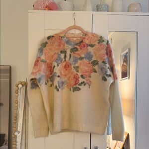 Sezane Floral Knit Sweater - Cream with Pink and Blue Accents